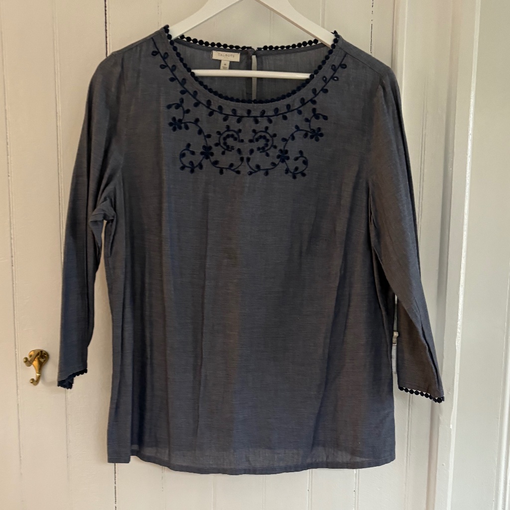 Talbots Chambray Tunic With Eyelet Embroidered Neck And Sleeves, And Yoke, M
